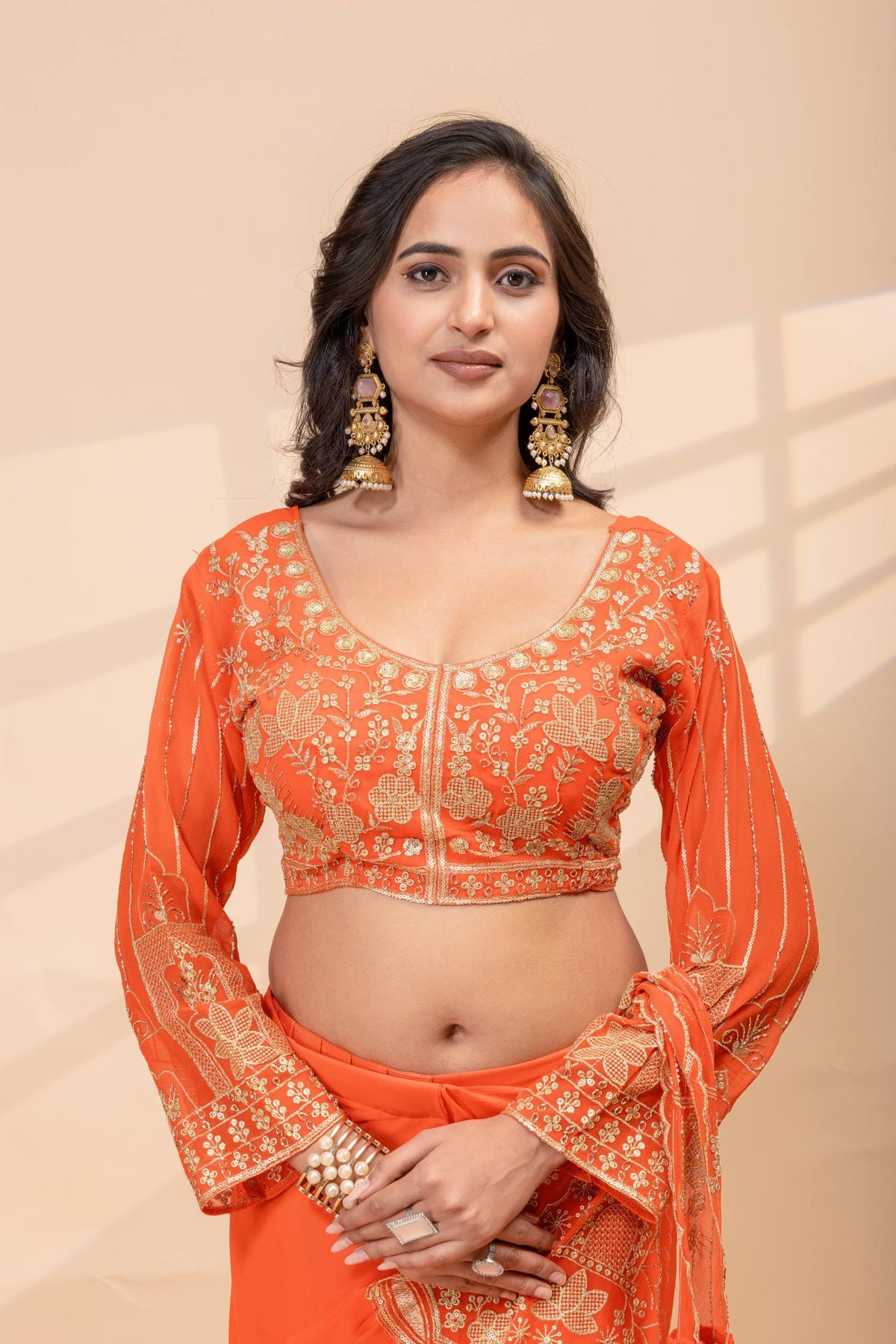 Ready-to-Wear Faux Georgette Saree with Embroidery, Stitched Blouse