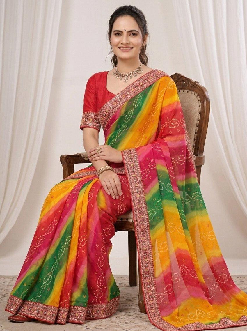 Digital Print Georgette Saree | Embroidered Lace Border, Silk Blouse (Digital Download)