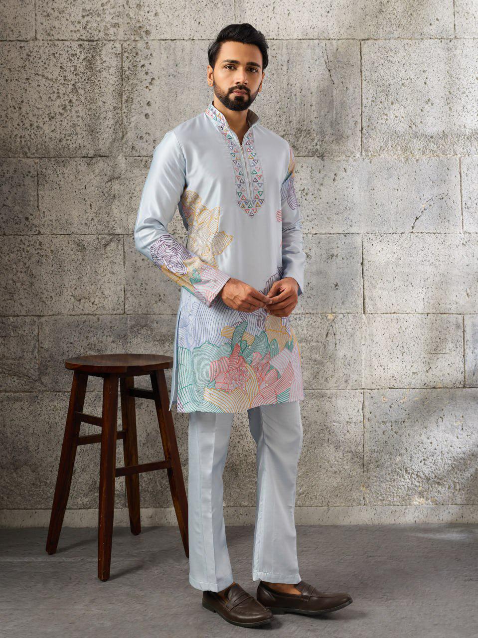 Men's Silk Kurta Pant Set | Thread Sequin Embroidery, Festive Wedding Ethnic Wear