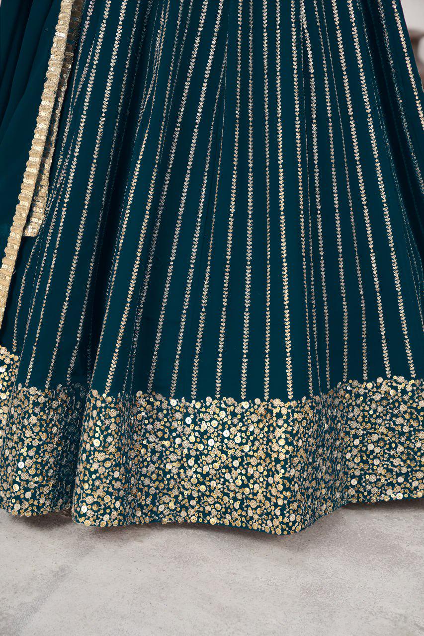Bottle Green Georgette Lehenga Choli Set | Zari Sequins Embroidery, Festive Wear