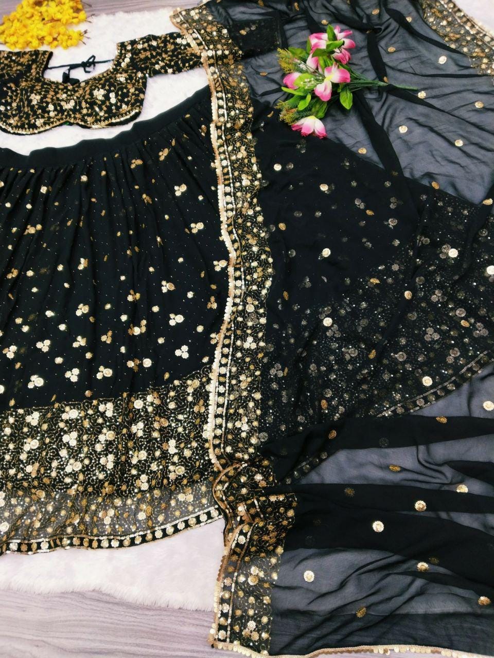 Georgette Lehenga Choli Set, Embroidery Sequins Hand Diamond Work, Semi Stitched Dupatta