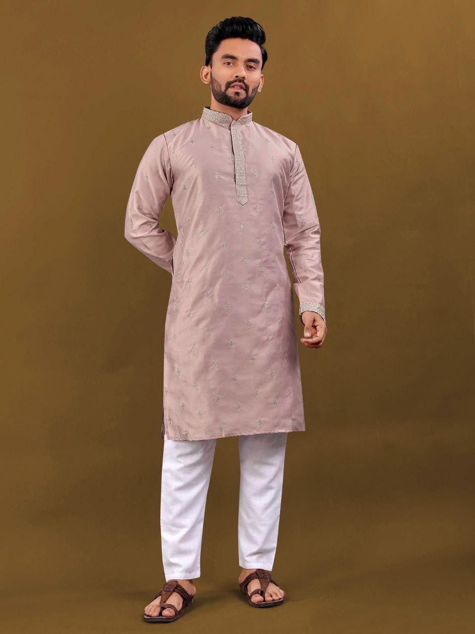 Men's Matka Silk Kurta Pajama Set | Silver Zari Embroidered Buti, Festive Wear