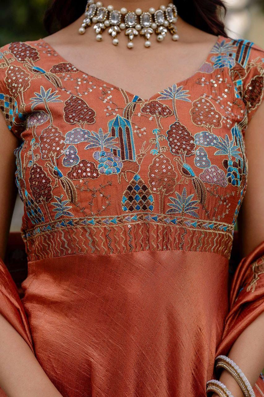 Vichitra Silk Embroidered Gown with Dupatta, Festive Party Wear Ethnic Dress