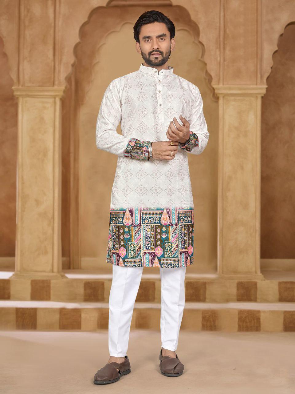 Men's Rayon Kurta Pyjama Set, Embroidered Print, Festive Party Wear