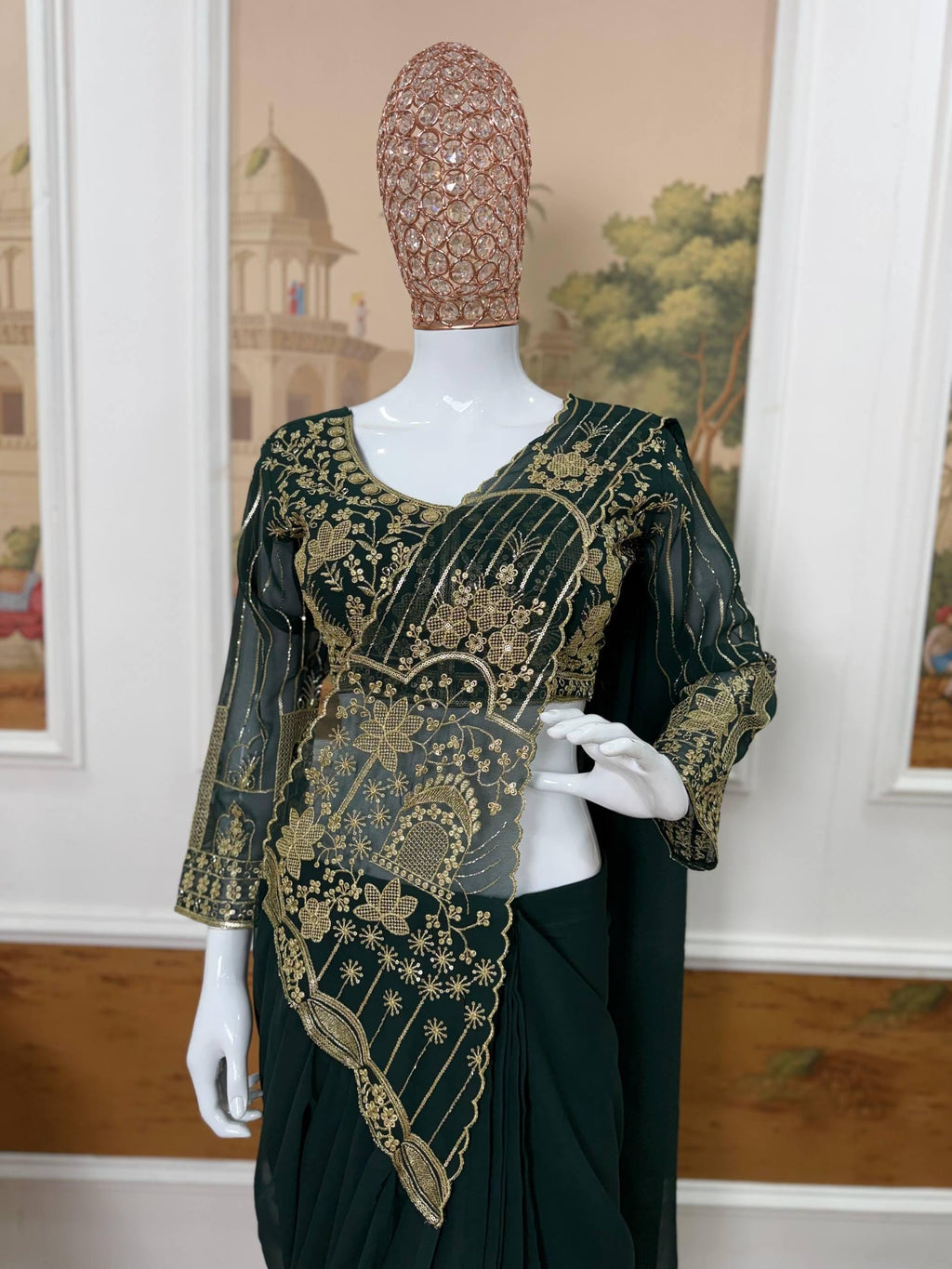 Ready-to-Wear Faux Georgette Saree with Embroidery, Stitched Blouse