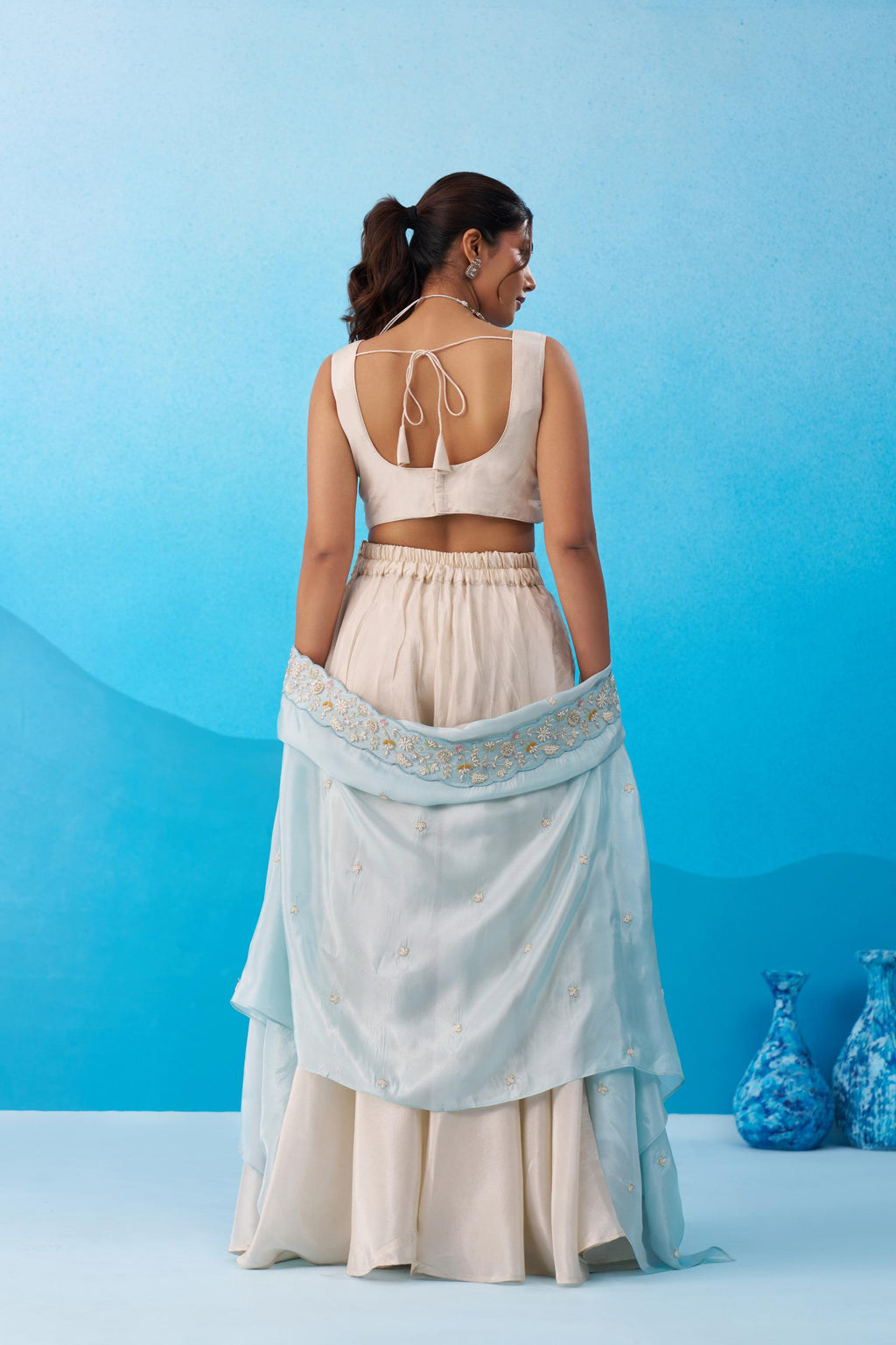 Cream Viscose Crop Top Palazzo Set with Pink Cape, Beads Embroidery Festive Co-Ord
