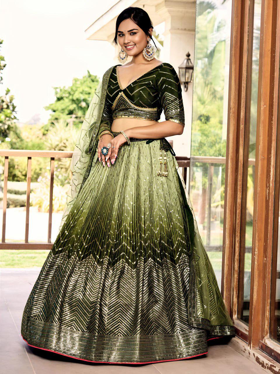 Olive Green Chinnon Lehenga Choli Set | Sequin Embroidered Wedding A-Line Lehenga, Net Dupatta