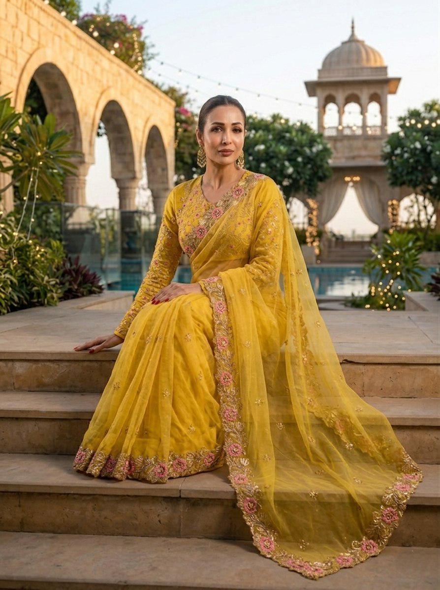 Yellow Chiffon Silk Saree, Heavy Embroidery, Cutwork Border, Festive Wedding Wear