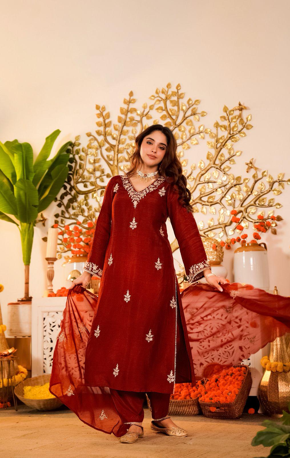Vichitra Silk Embroidered Kurti Pant Set with Dupatta, Festive Ethnic Wear (M-3XL)
