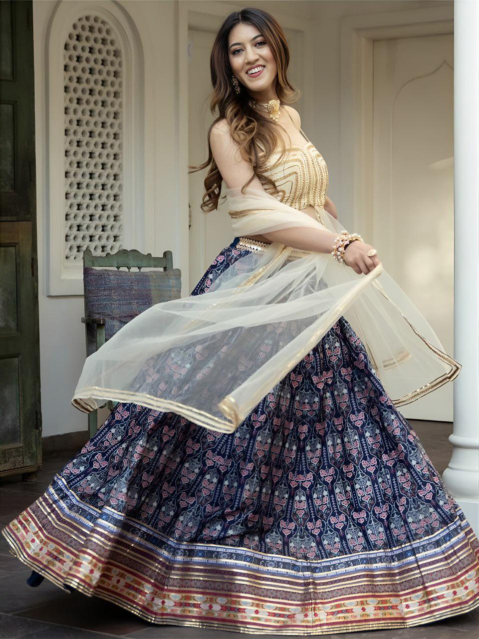 Navy Blue Art Silk Lehenga Choli, Gota Patti Floral Print, Semi Stitched Set
