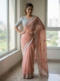 Fox Georgette Embroidered Saree with White Coding & Cutwork Border