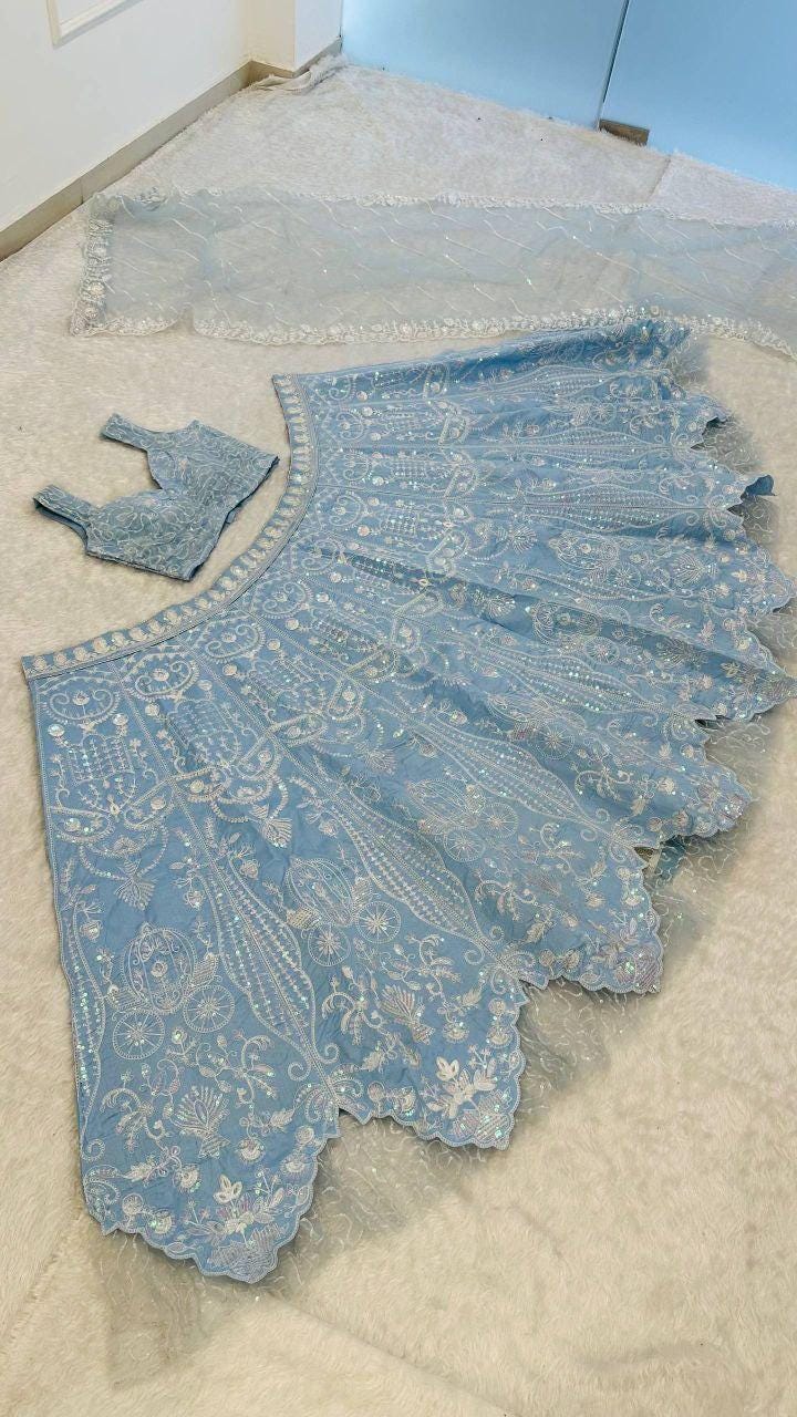 Slub Silk Lehenga Choli Set | Resham Dori, Rainbow Sequins, 3.25M Flare Net Dupatta