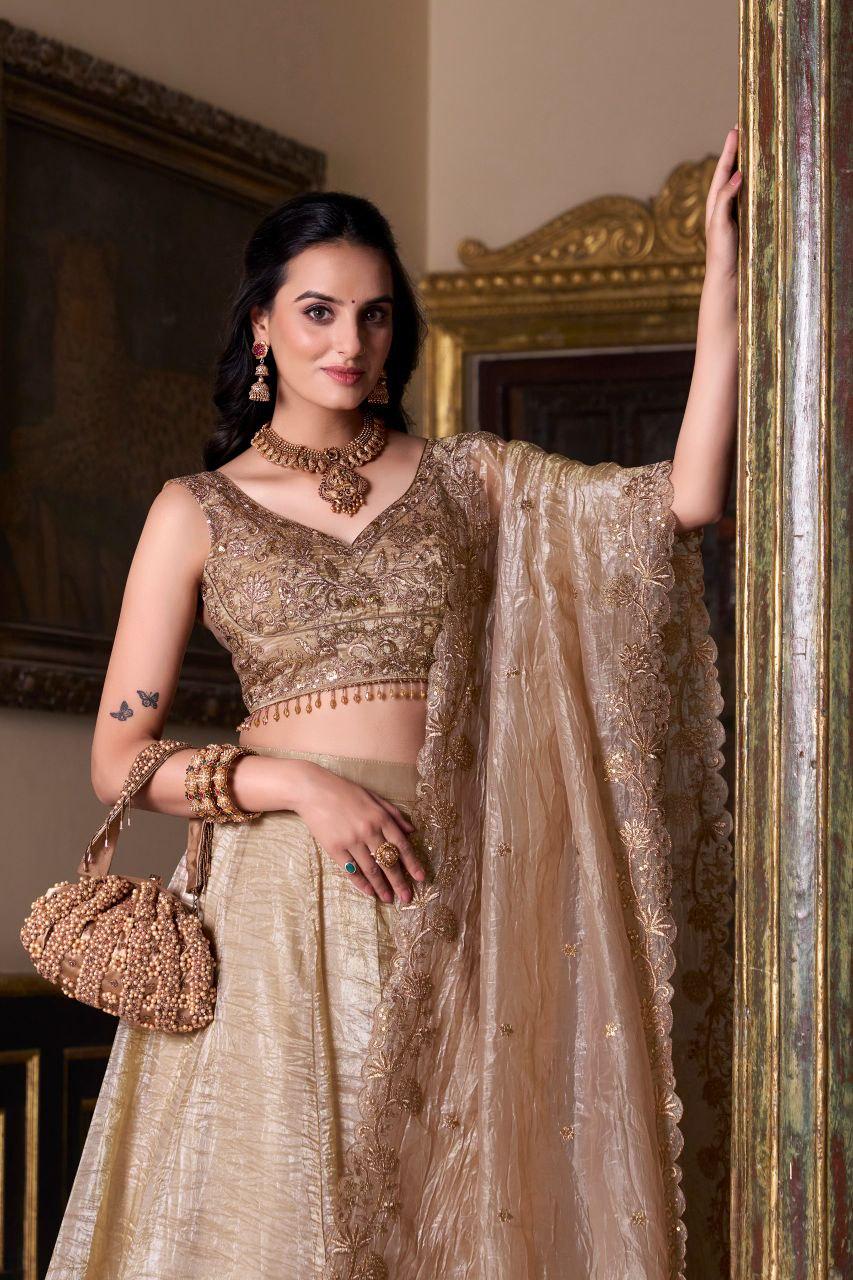 Gold Crush Lehenga Choli Set, Sequins Embroidered Blouse, 5 Meter Flare Wedding Lehenga