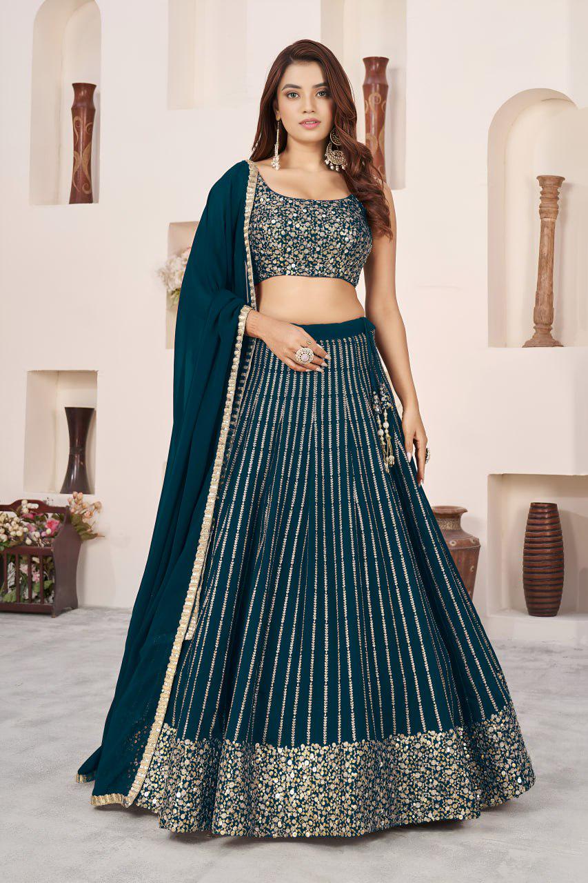 Bottle Green Georgette Lehenga Choli Set | Zari Sequins Embroidery, Festive Wear