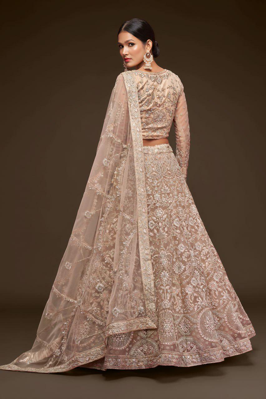 Champagne Beige Net Lehenga Choli, Zari Glitter Dori Embroidery, Semi-Stitched Wedding Set