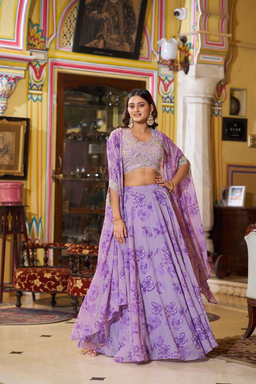 Embroidered Georgette Lehenga Choli Set with Cape Dupatta & Batwa Bag