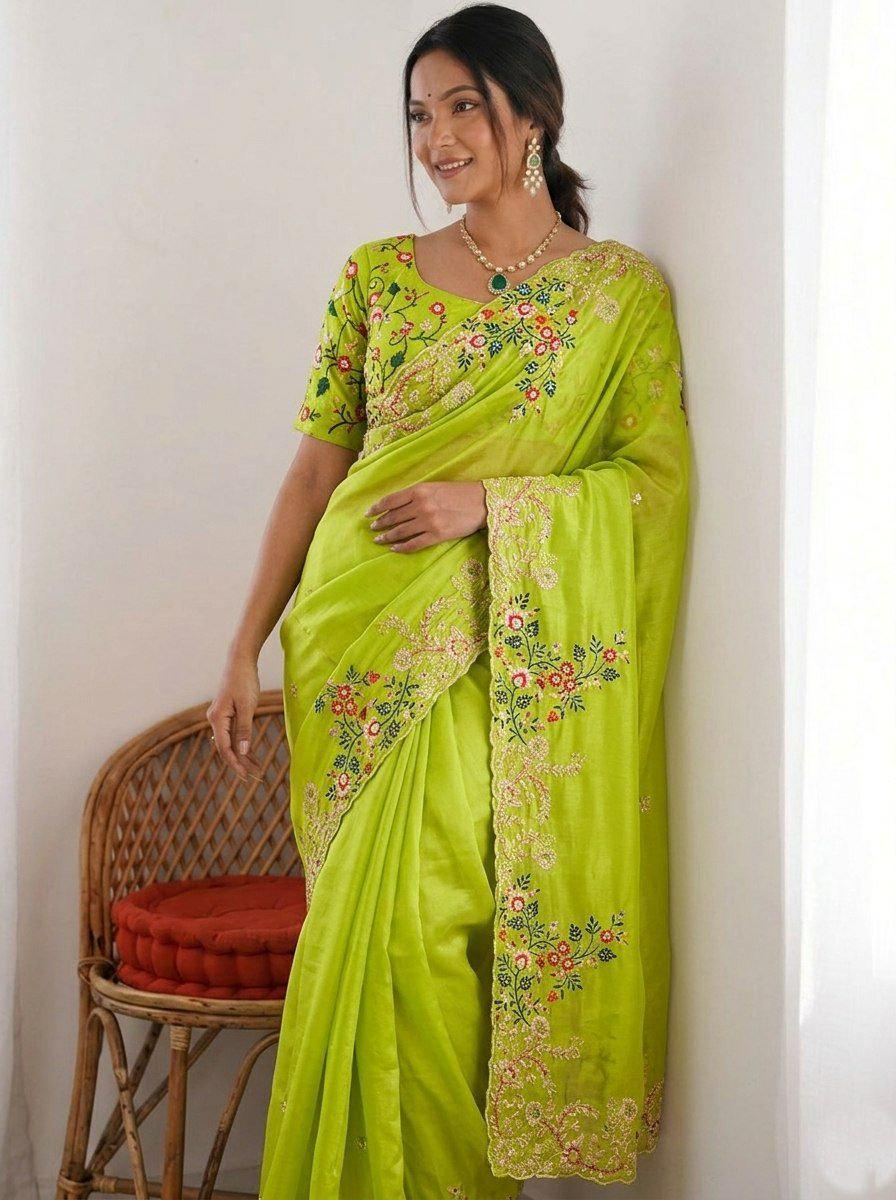 Paper Silk Saree with Embroidery Sequins, Cutwork Border | Designer Wedding Wear