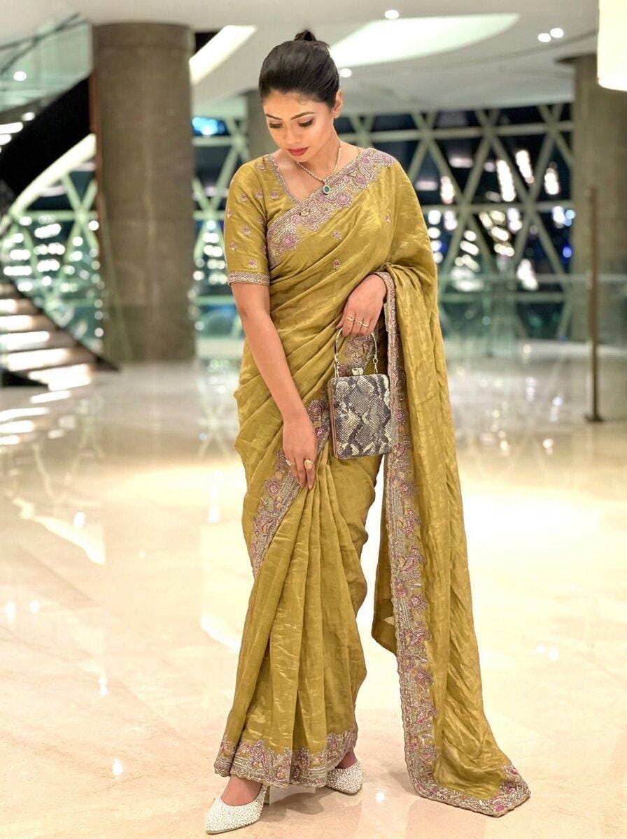 Soft Tissue Chiffon Silk Saree with Zarkan Embroidery | Designer Wedding Party Wear Blouse