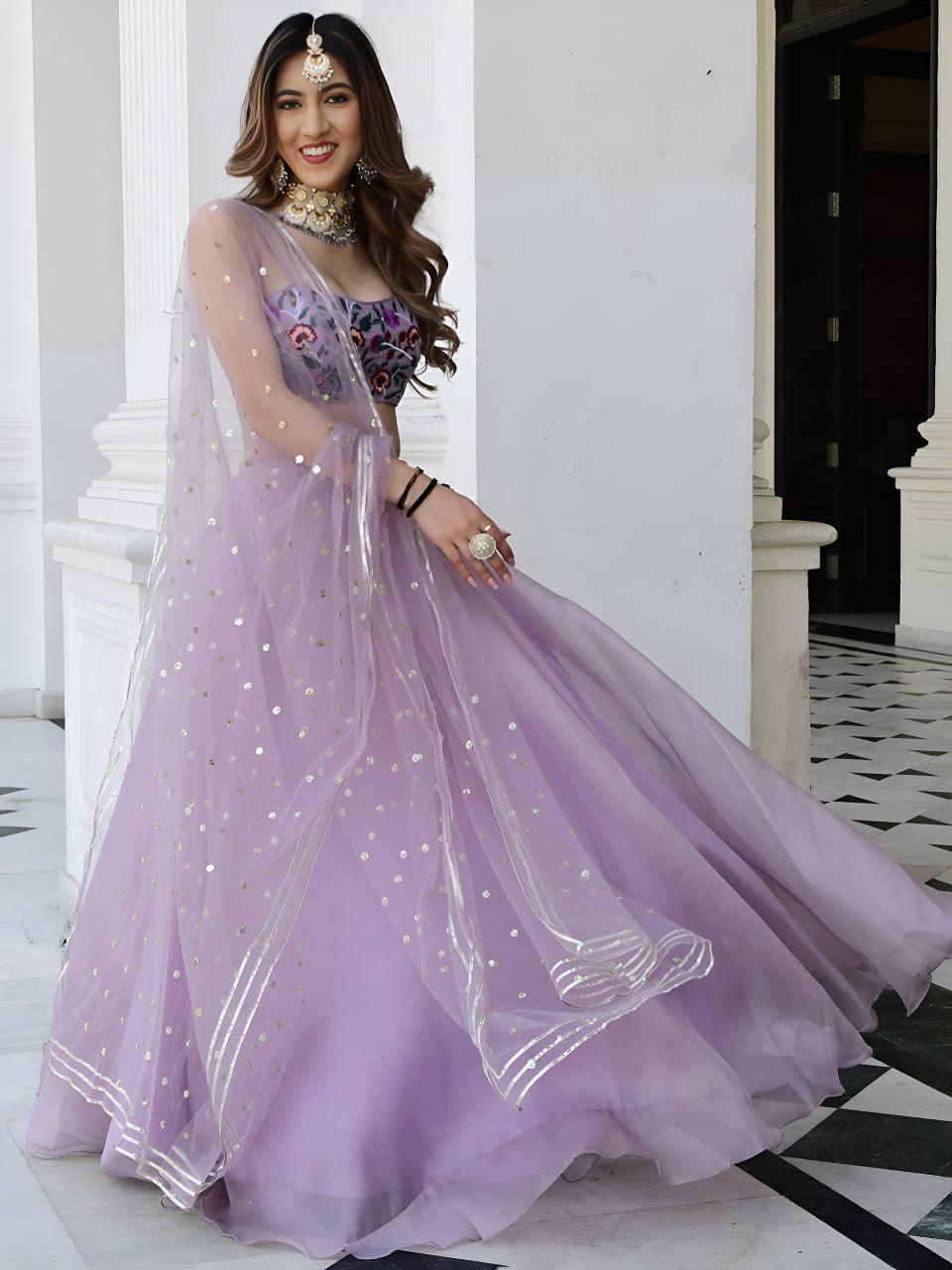 Lavender Organza Lehenga Choli, Floral Embroidered Blouse, Gota Patti Dupatta, Wedding Set