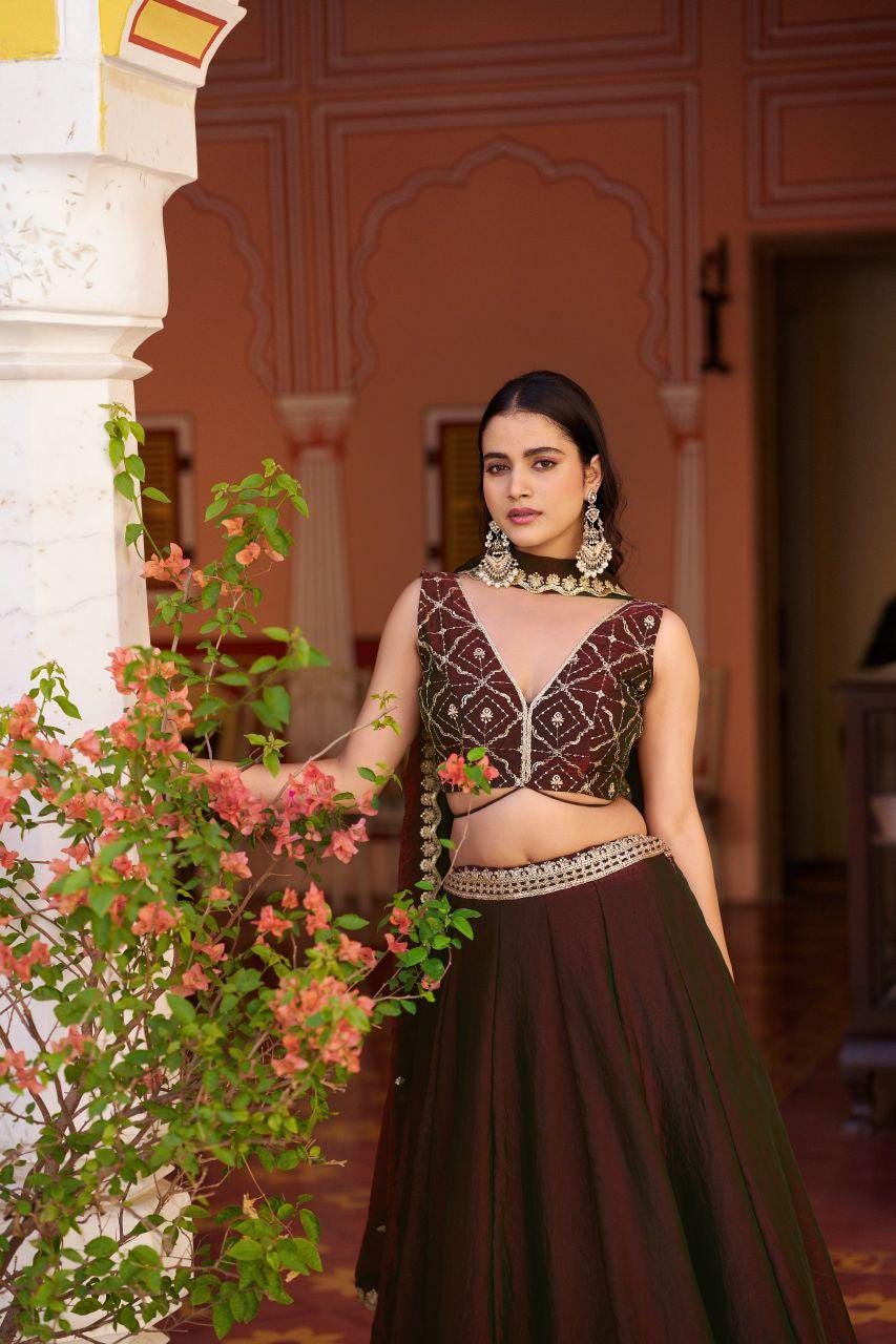 Fendi Fabric Lehenga Choli Set | Sequins, Thread Embroidery, 4 Meter Flair, Party Wear