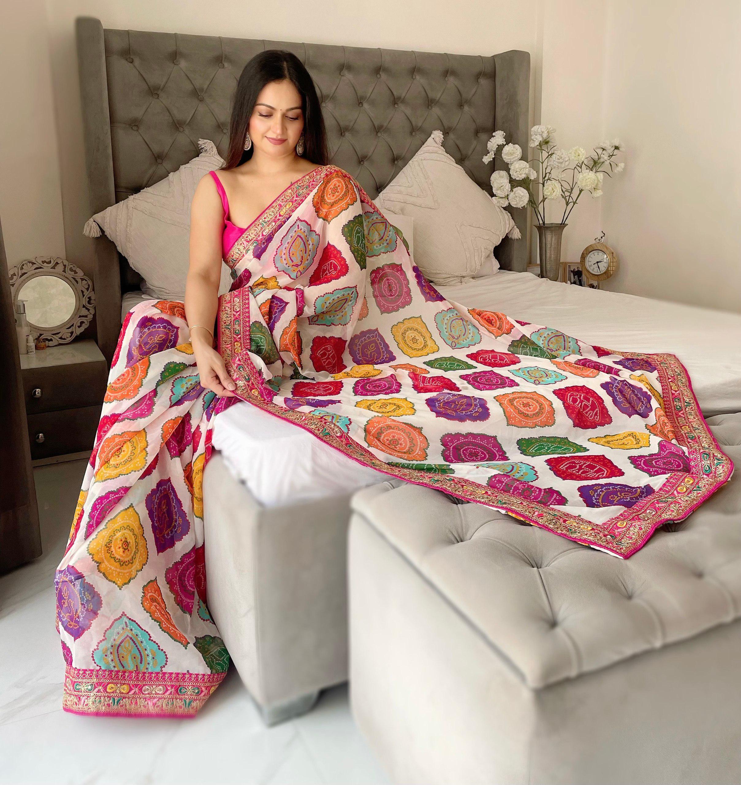 Rajwadi Bandhej Print Georgette Saree | Heavy Embroidered Lace Border, Silk Blouse Piece