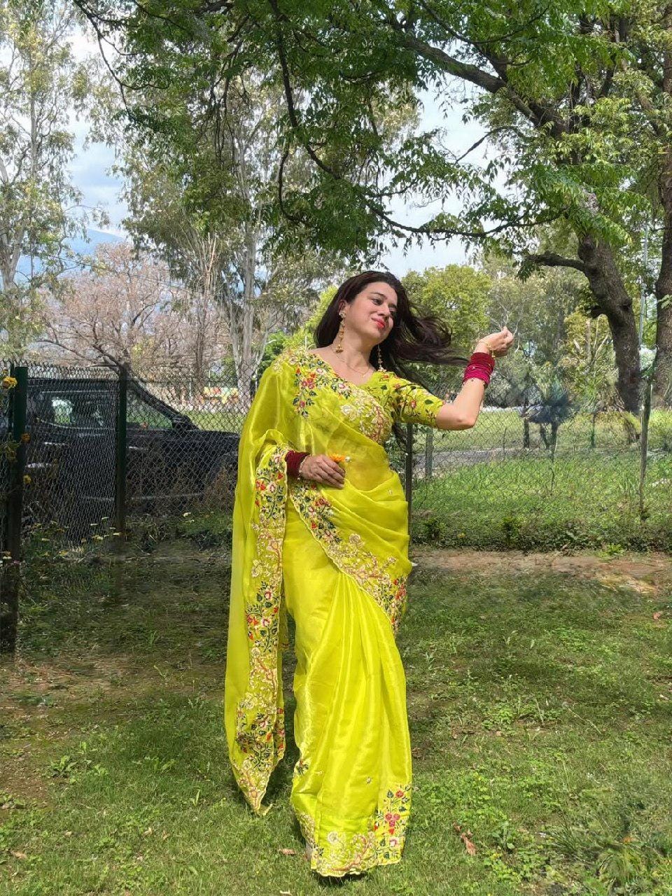 Zimmy Chu Silk Saree, Embroidery Sequins Work, Cutwork Border, Festive Wear