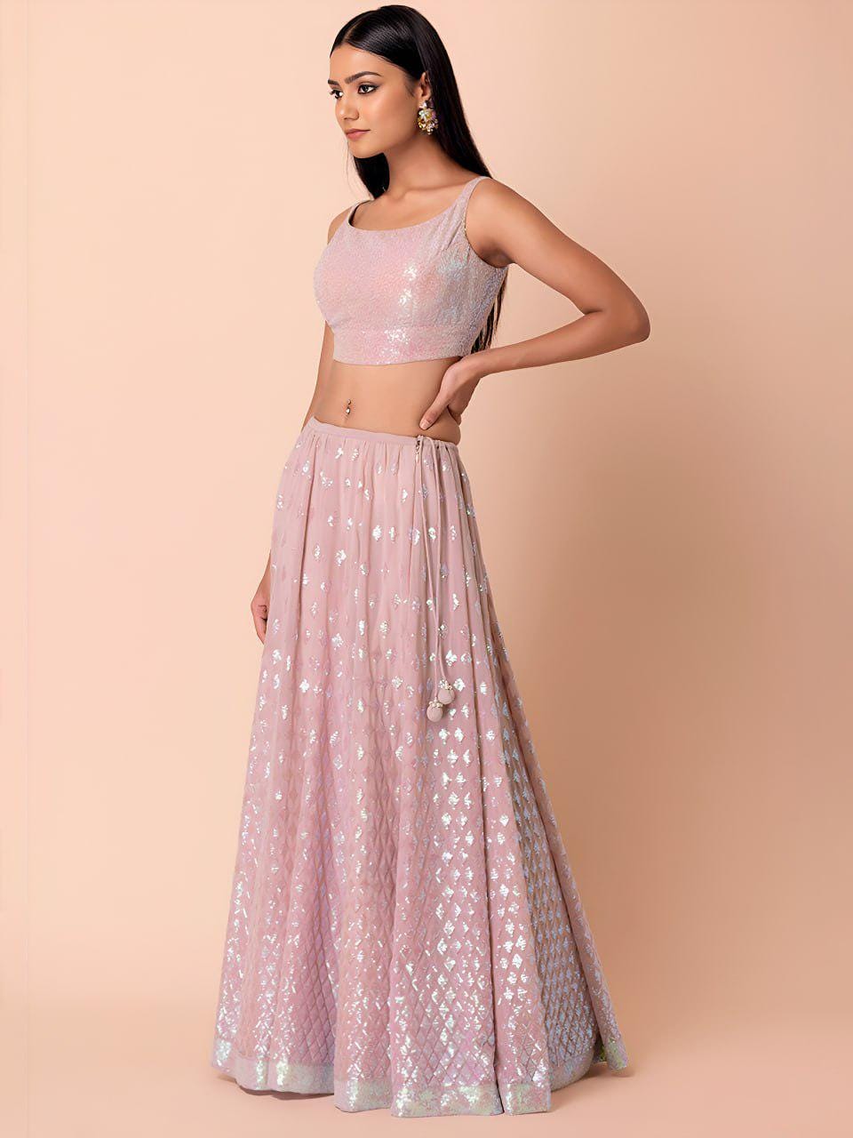 Blush Pink Sequin Embroidered Lehenga Choli Set | Organza Ruffle Dupatta, Wedding Wear