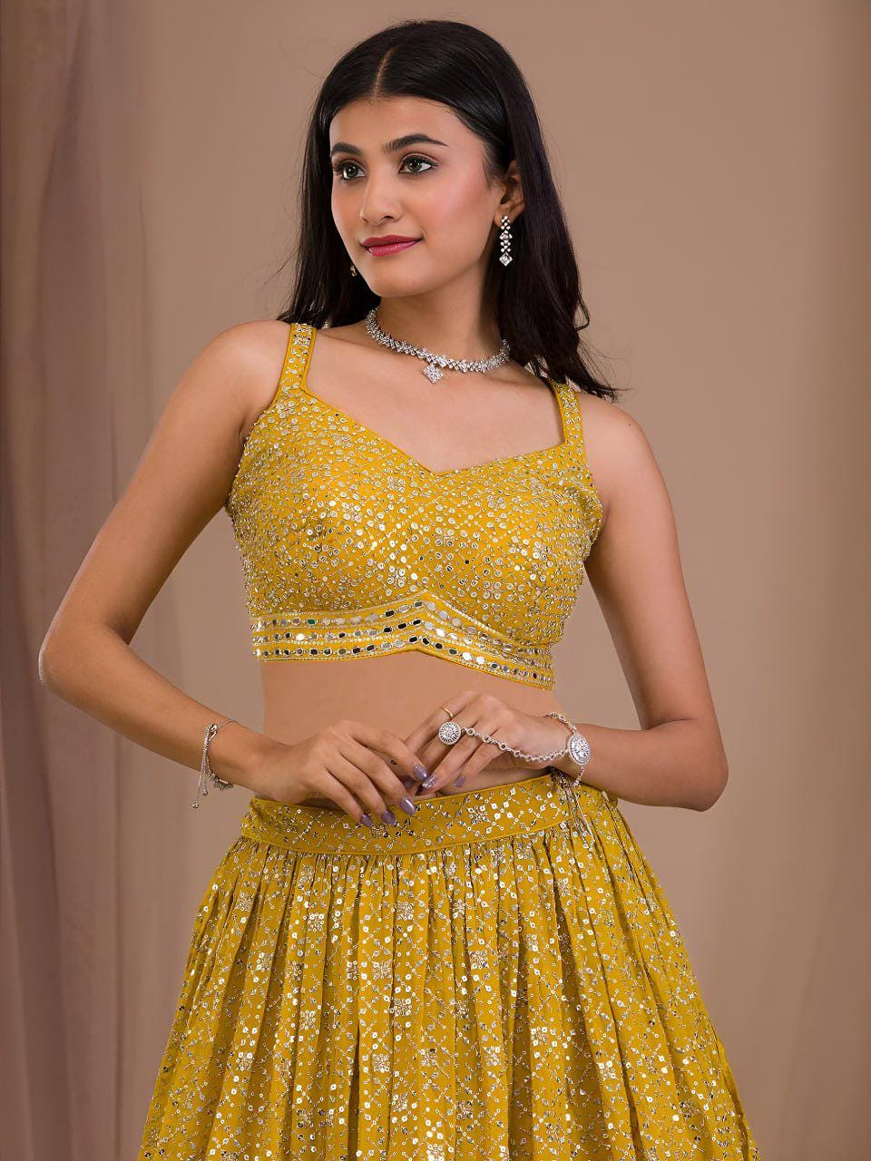 Mustard Yellow Georgette Lehenga Choli Set | Zari Sequins Embroidered Wedding Outfit Net Dupatta
