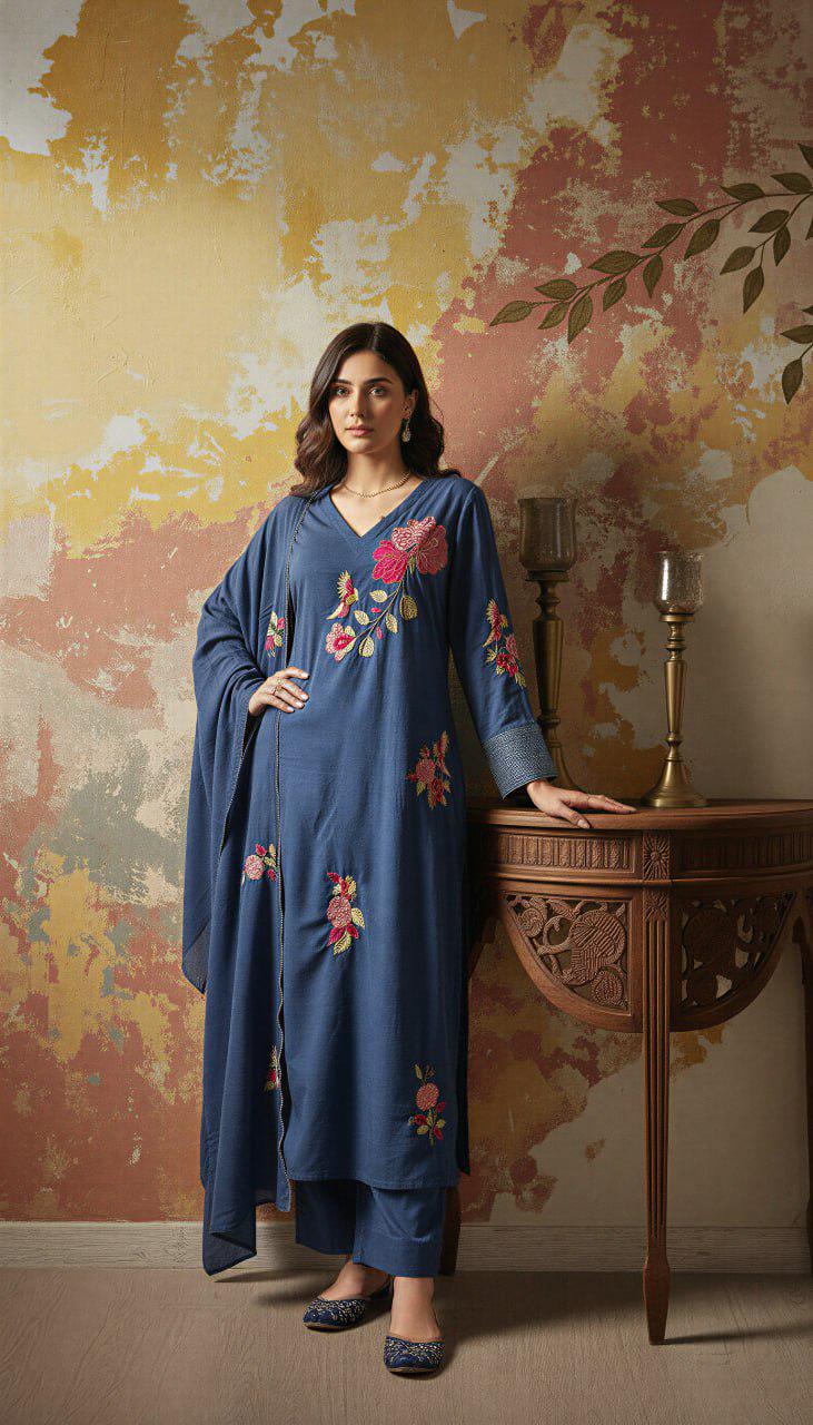 Embroidered Chanderi Silk Kurta Pant Set with Dupatta, Indian Ethnic Festive Wear