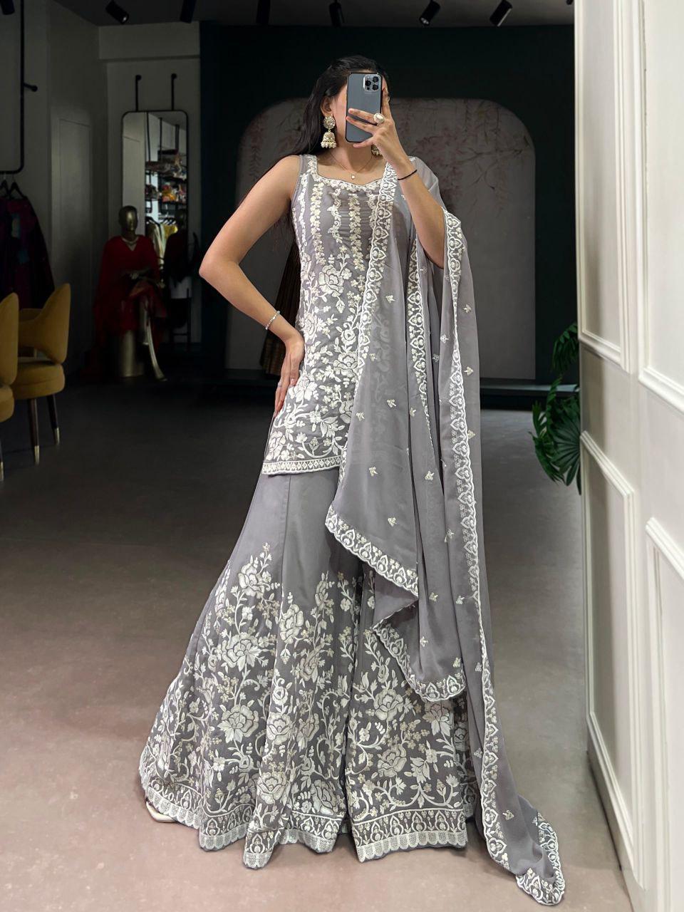 Embroidered Star Georgette Suit Set with Dupatta, Sequins Thread Work Salwar Outfit