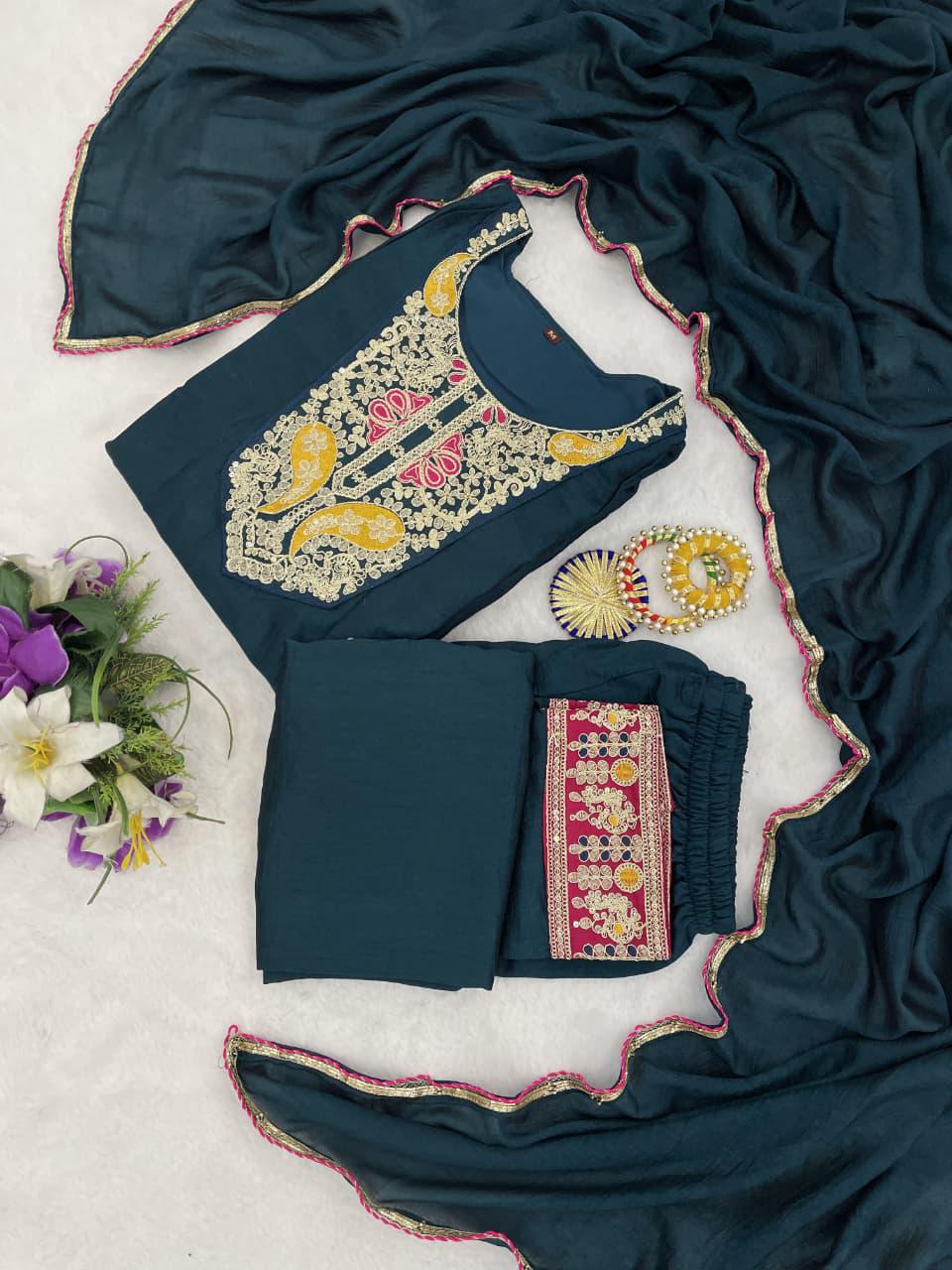 Embroidered Vichitra Silk Kurta Set with Dupatta, Festive Ethnic Party Wear Indian Outfit