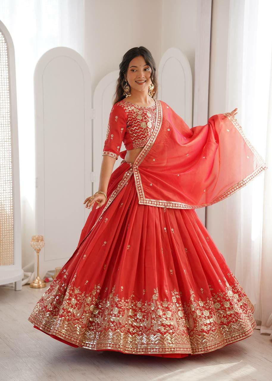 Heavy Shimmer Silk Lehenga Choli Set, Sequin Embroidery, Fully Stitched Wedding Outfit
