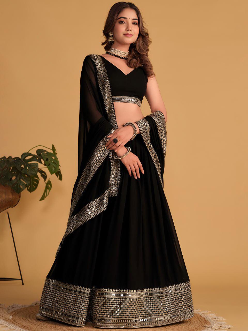Black Georgette Lehenga Choli Set | Zari Sequins Embroidered Party Wear Wedding Outfit