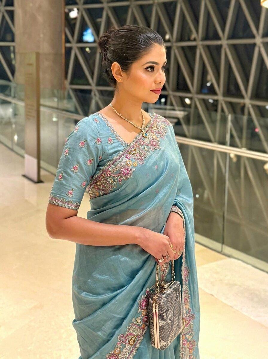 Soft Tissue Chiffon Silk Saree | Zarkan Embroidered Cutwork Border, Designer Wedding, Mono Silk Blouse