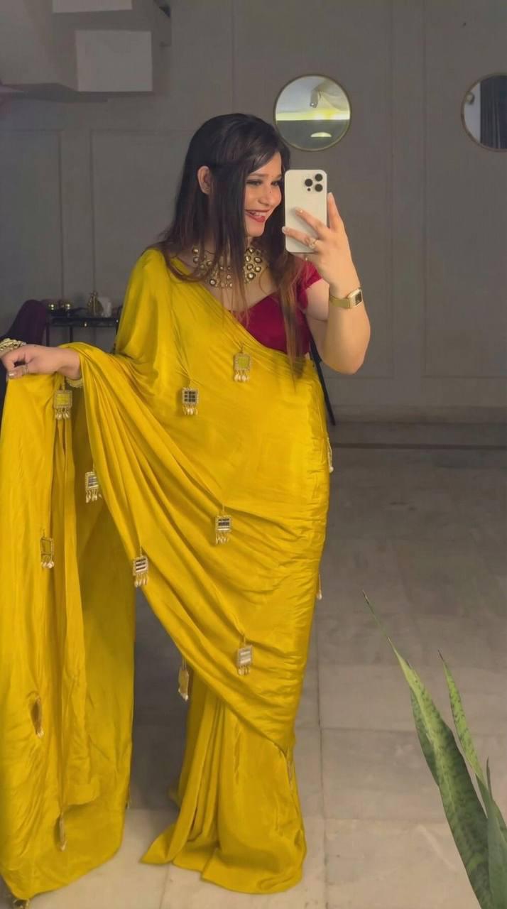 Cream Chinon Saree, Mirror Work, Moti Latkan, Kaudi Details, Contrast Blouse