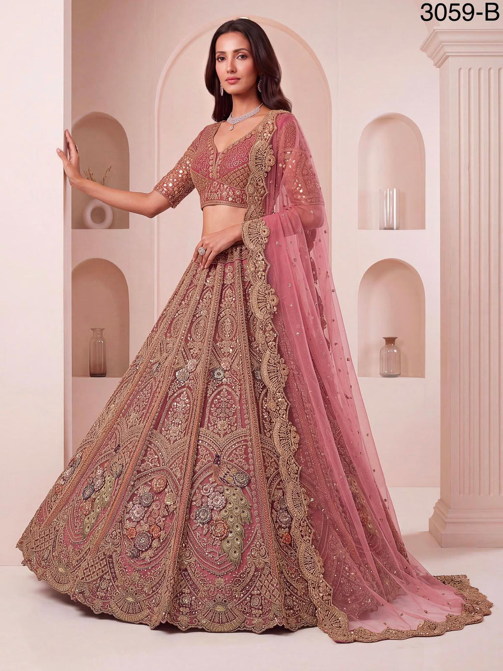 Luxury Peacock Embroidered Bridal Lehenga Choli Set | Zari Sequins Zircon Net Wedding Wear