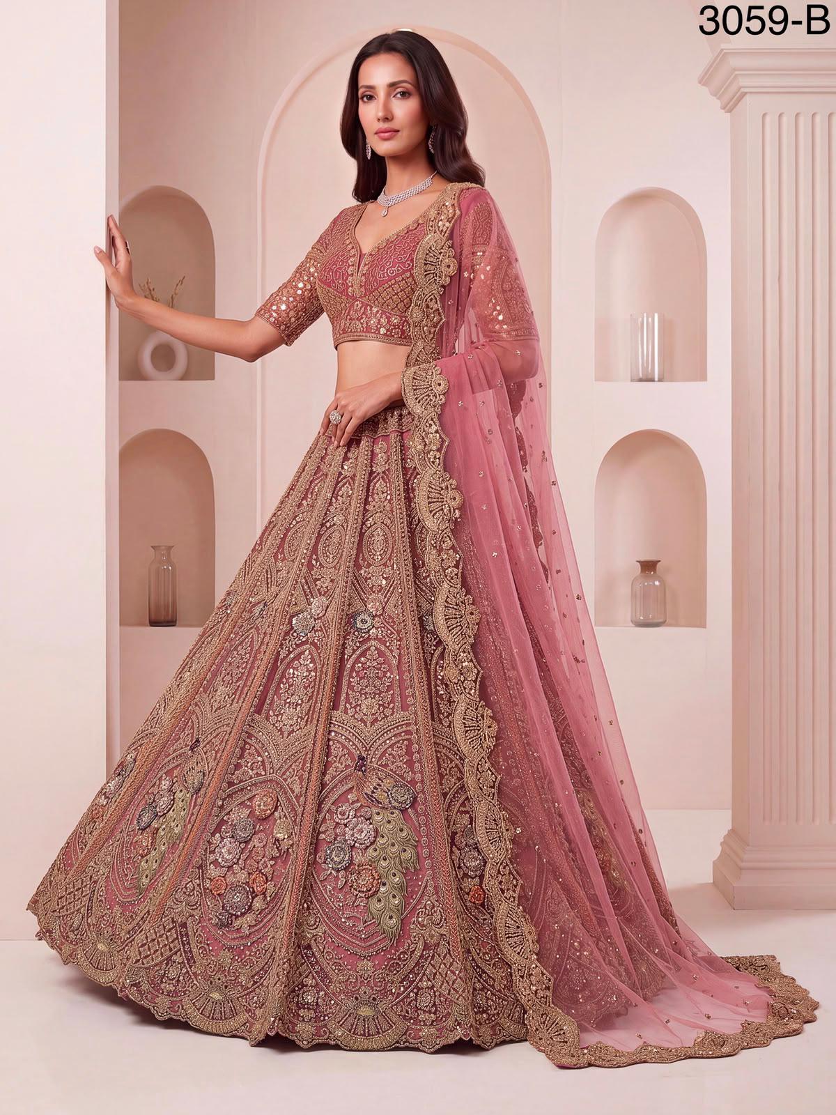 Luxury Peacock Embroidered Bridal Lehenga Choli Set | Zari Sequins Zircon Net Wedding Wear