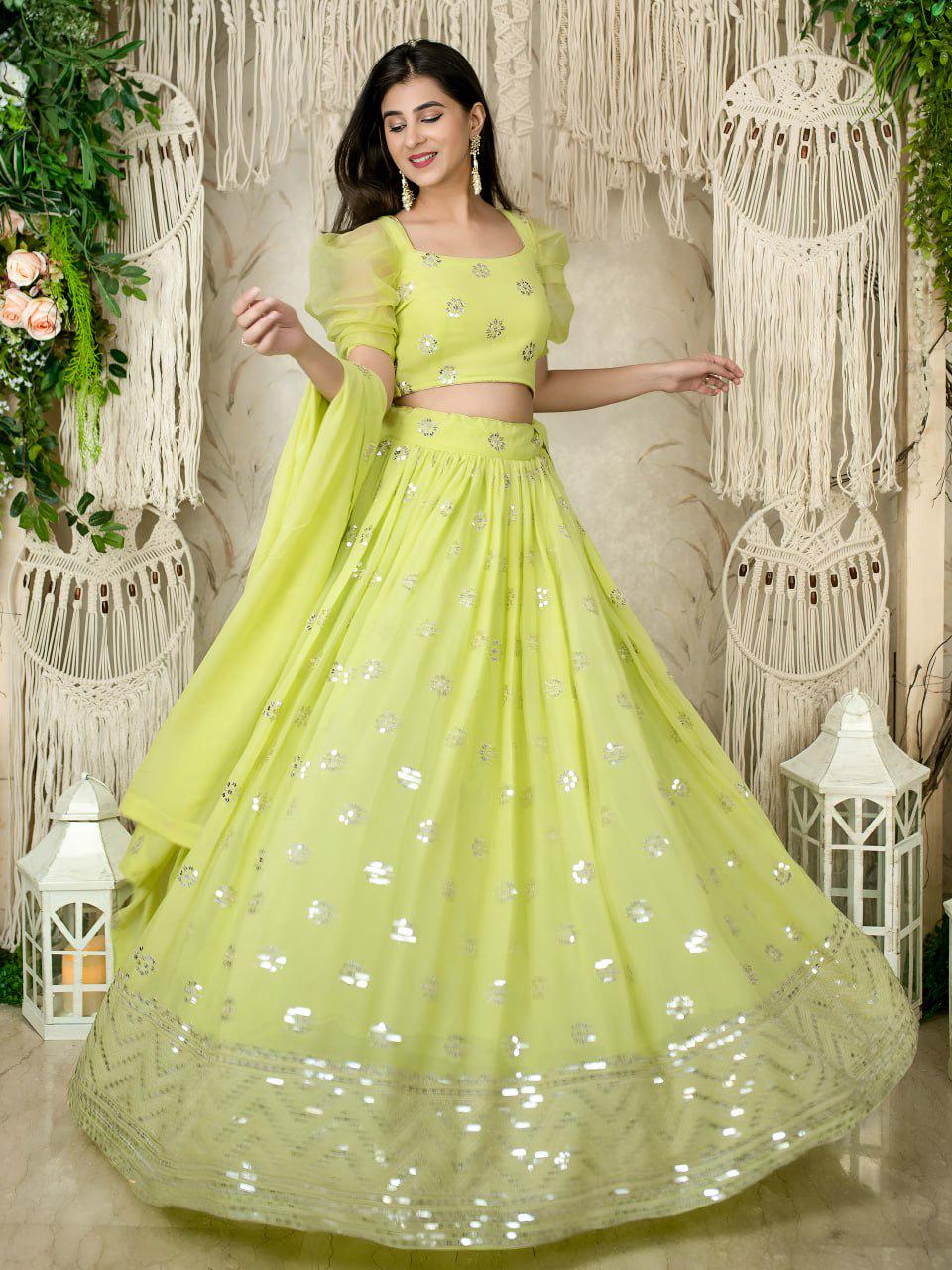 Lime Green Georgette Lehenga Choli, Sequins Zari Embroidery, Puff Sleeve Blouse, Net Dupatta
