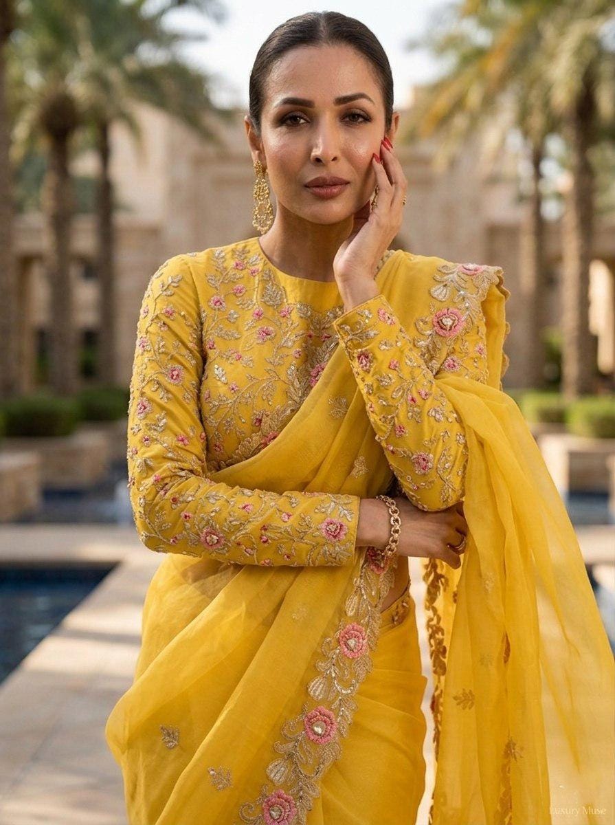 Yellow Chiffon Silk Saree, Heavy Embroidery, Cutwork Border, Festive Wedding Wear