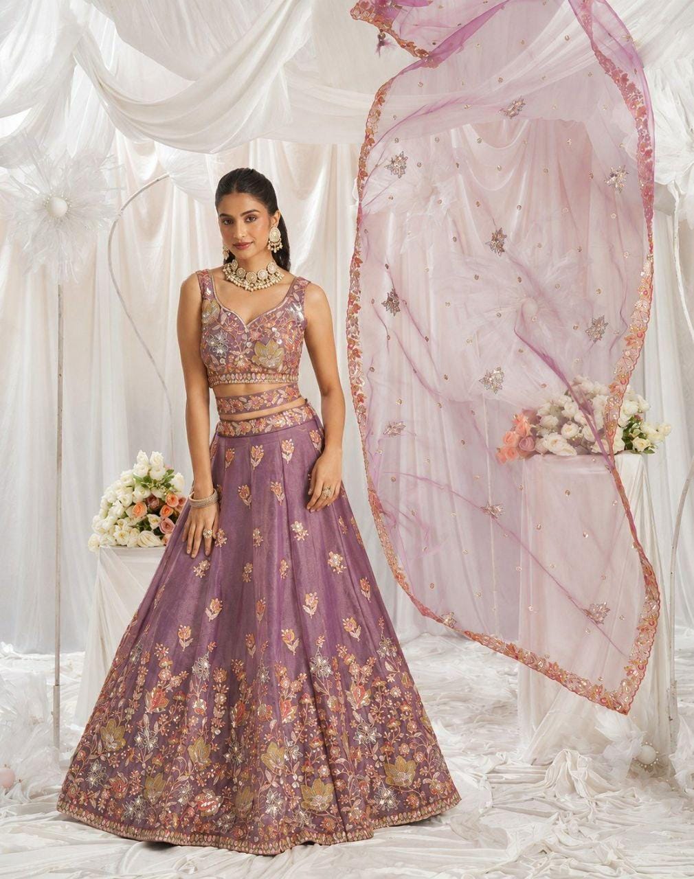 Fandy Lehenga Choli Set, Zari Sequin Embroidery, Semi-Stitched Wedding Wear