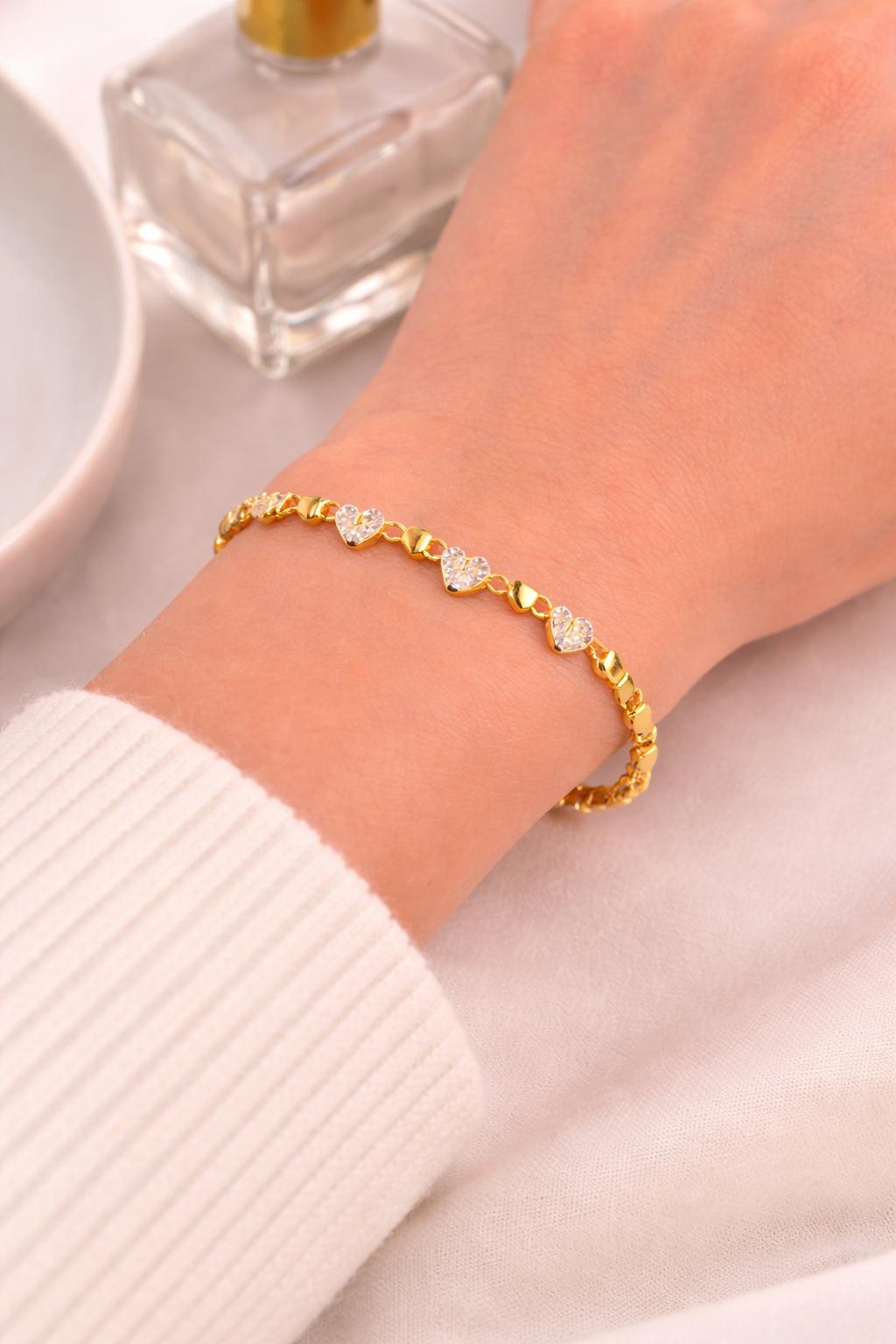 Gold Heart Crystal Bracelet, Dainty Stainless Steel Tennis Jewelry