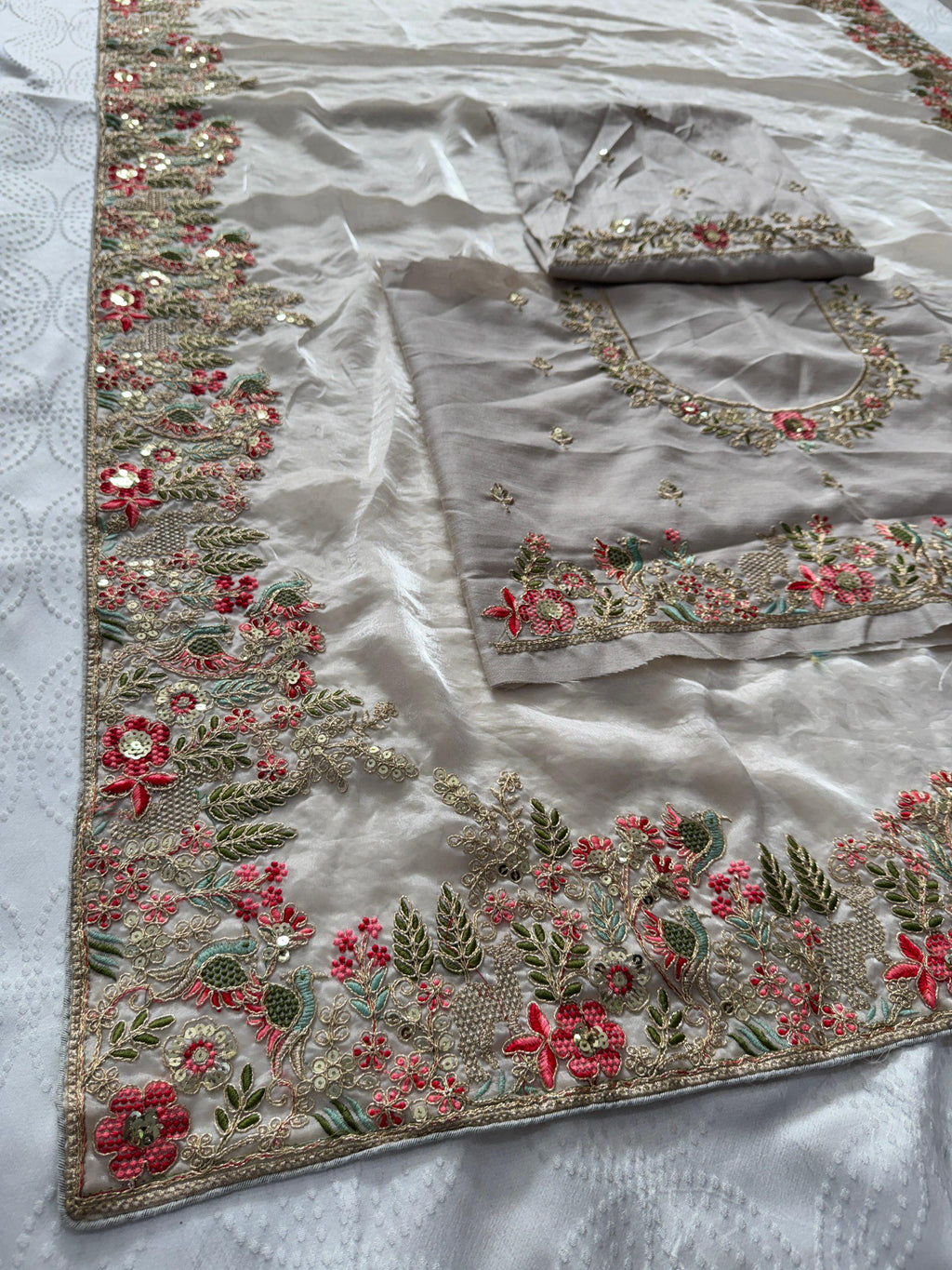 Fendy Satin Silk Saree with C-Pallu Embroidery | Designer Wedding Wear Blouse Piece
