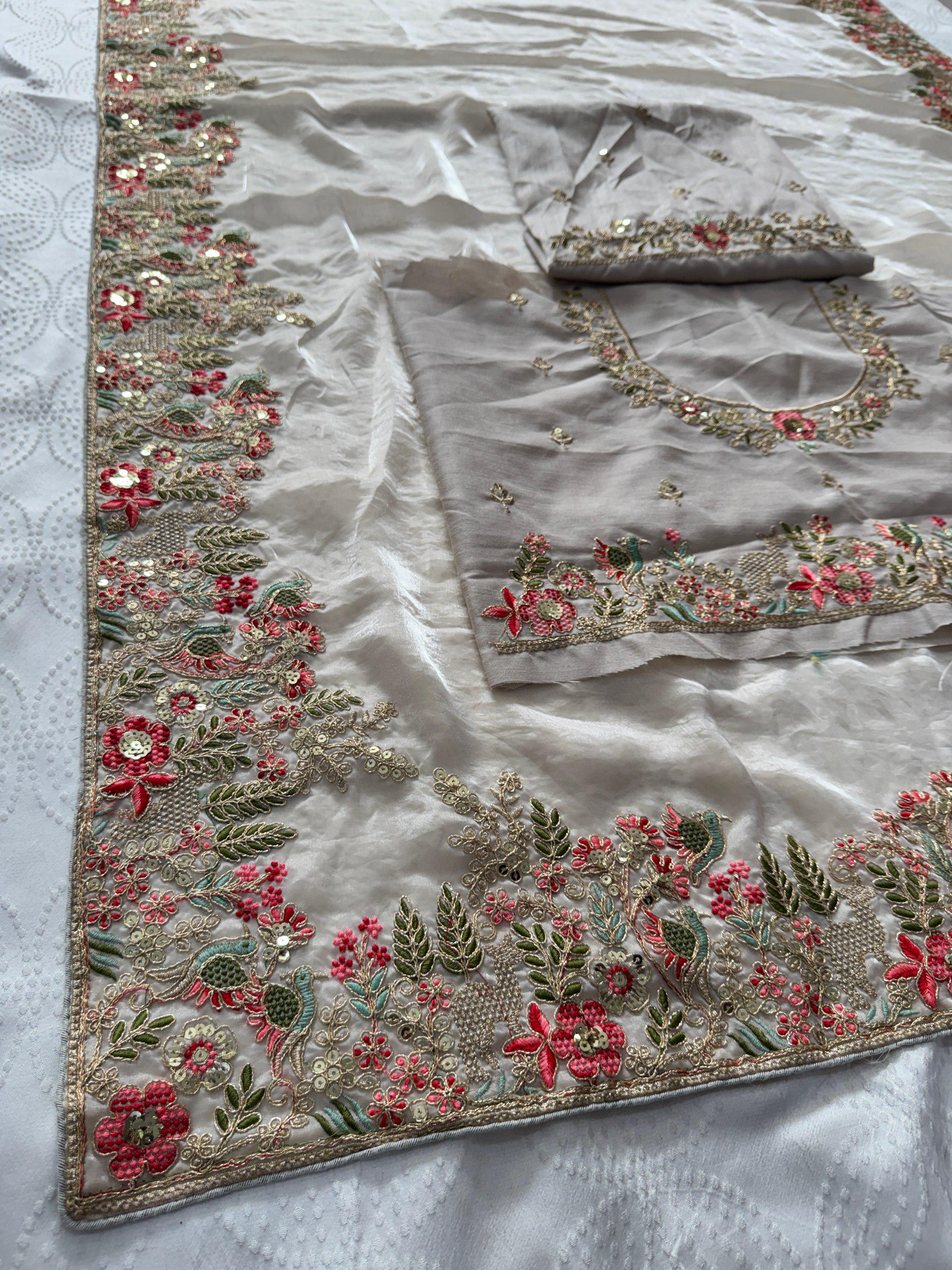 Fendy Satin Silk Saree with C-Pallu Embroidery | Designer Wedding Wear Blouse Piece