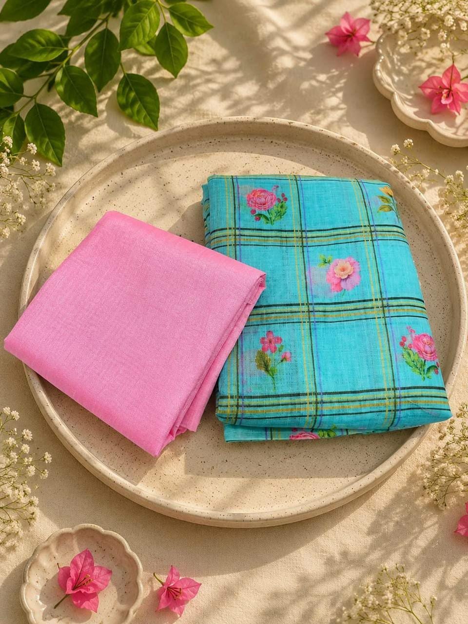 Soft Linen Digital Printed Saree | Checks Floral Dasty Print, Baby Pink Blouse