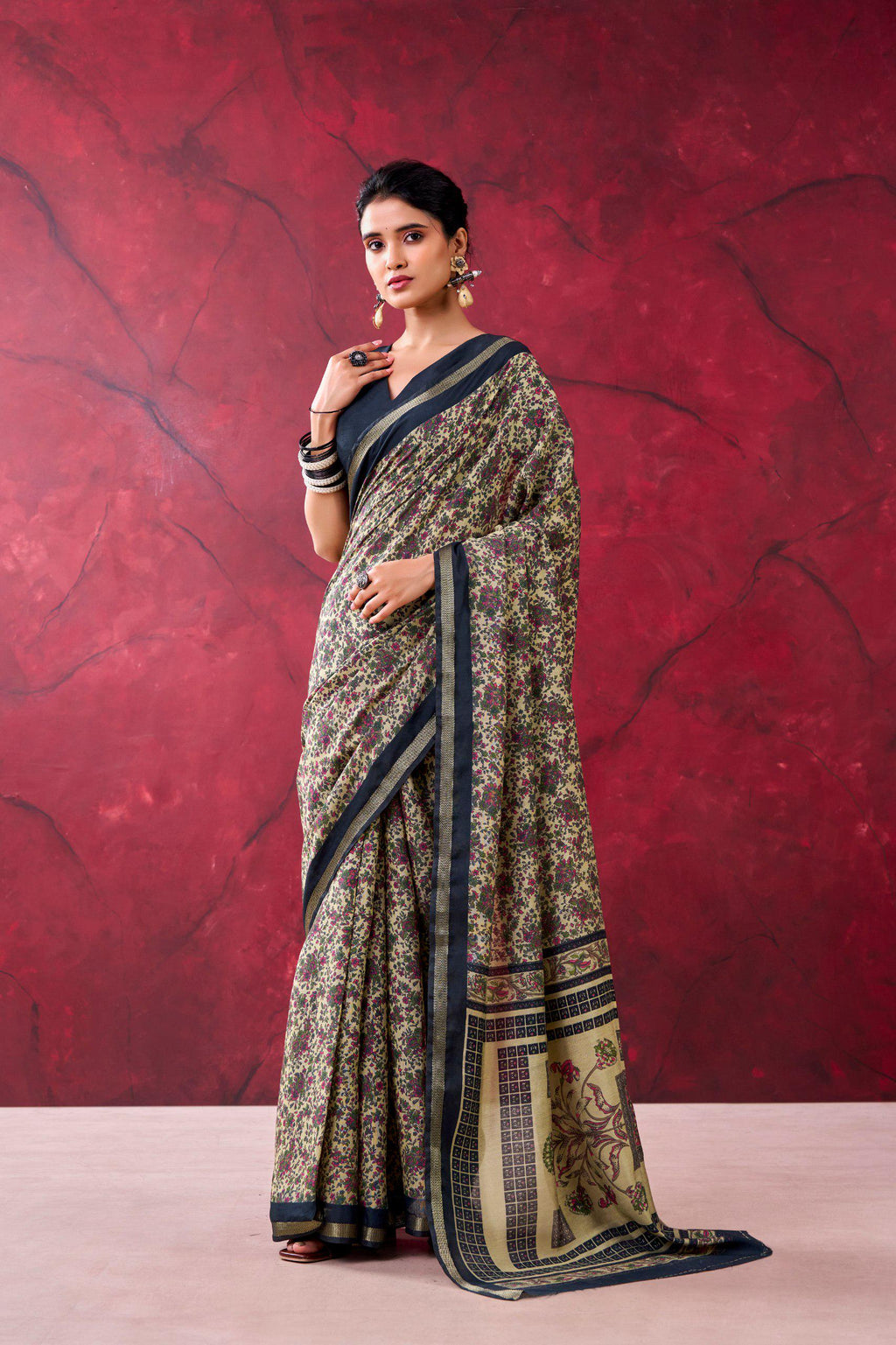 Polyester Viscose Chanderi Saree, Zari Weaving Print, Traditional Indian Party Wear (Unstitched Blouse)