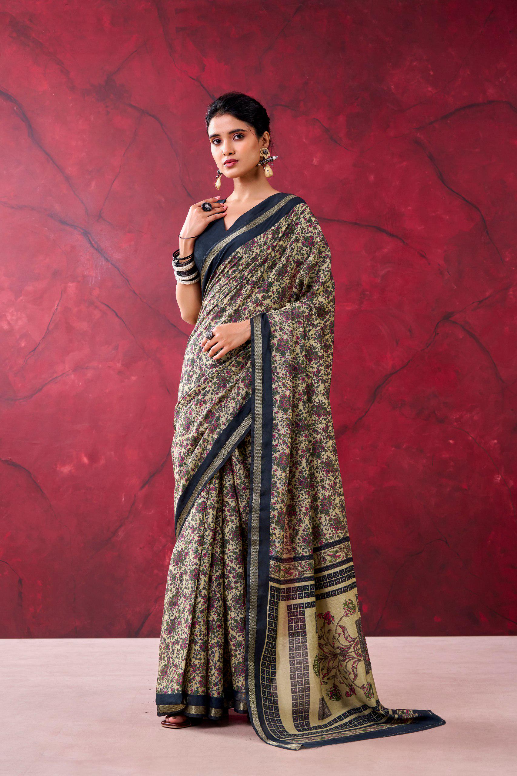Polyester Viscose Chanderi Saree, Zari Weaving Print, Traditional Indian Party Wear (Unstitched Blouse)