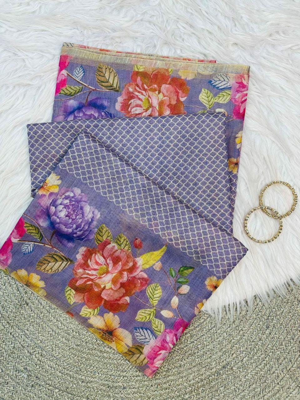 Linen Tissue Floral Print Saree with Running Blouse, Lightweight Casual Ethnic Wear