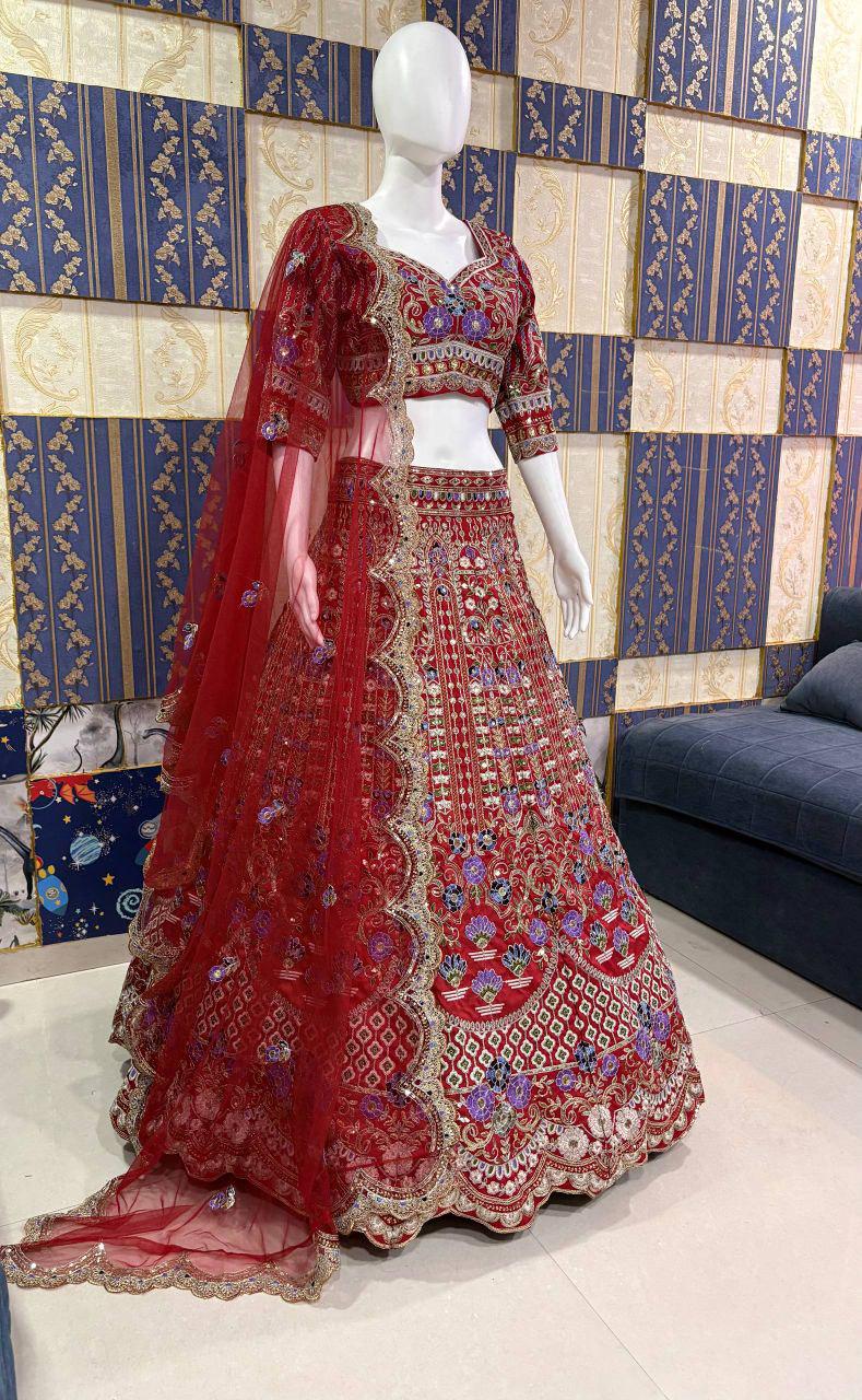 Mono Satin Silk Lehenga Choli, Sequins Cut Work, Butterfly Net Dupatta, Wedding Party Wear