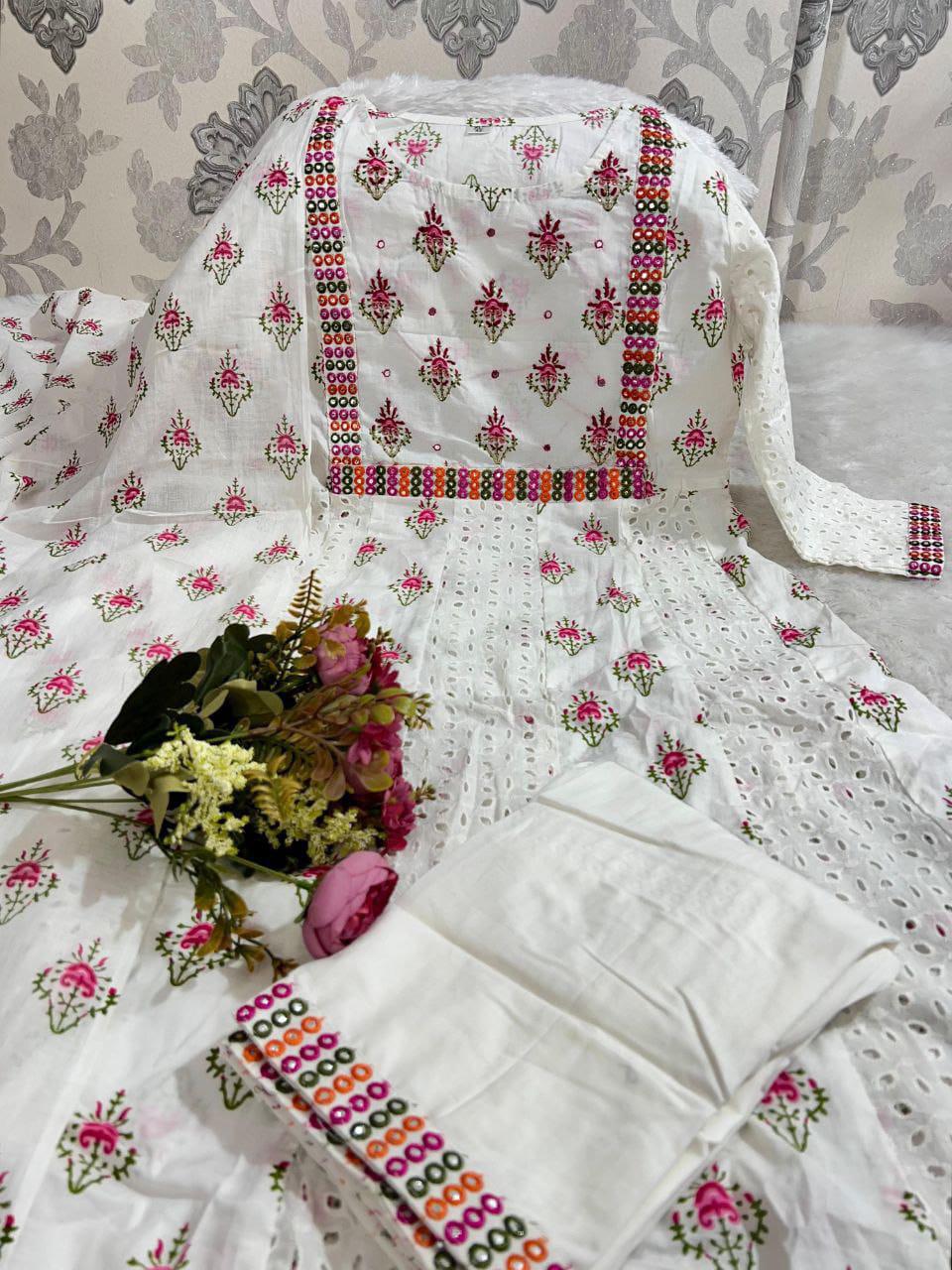 Cotton Chikankari Anarkali Kurti Set with Mirror Work, Lace Pant Dupatta