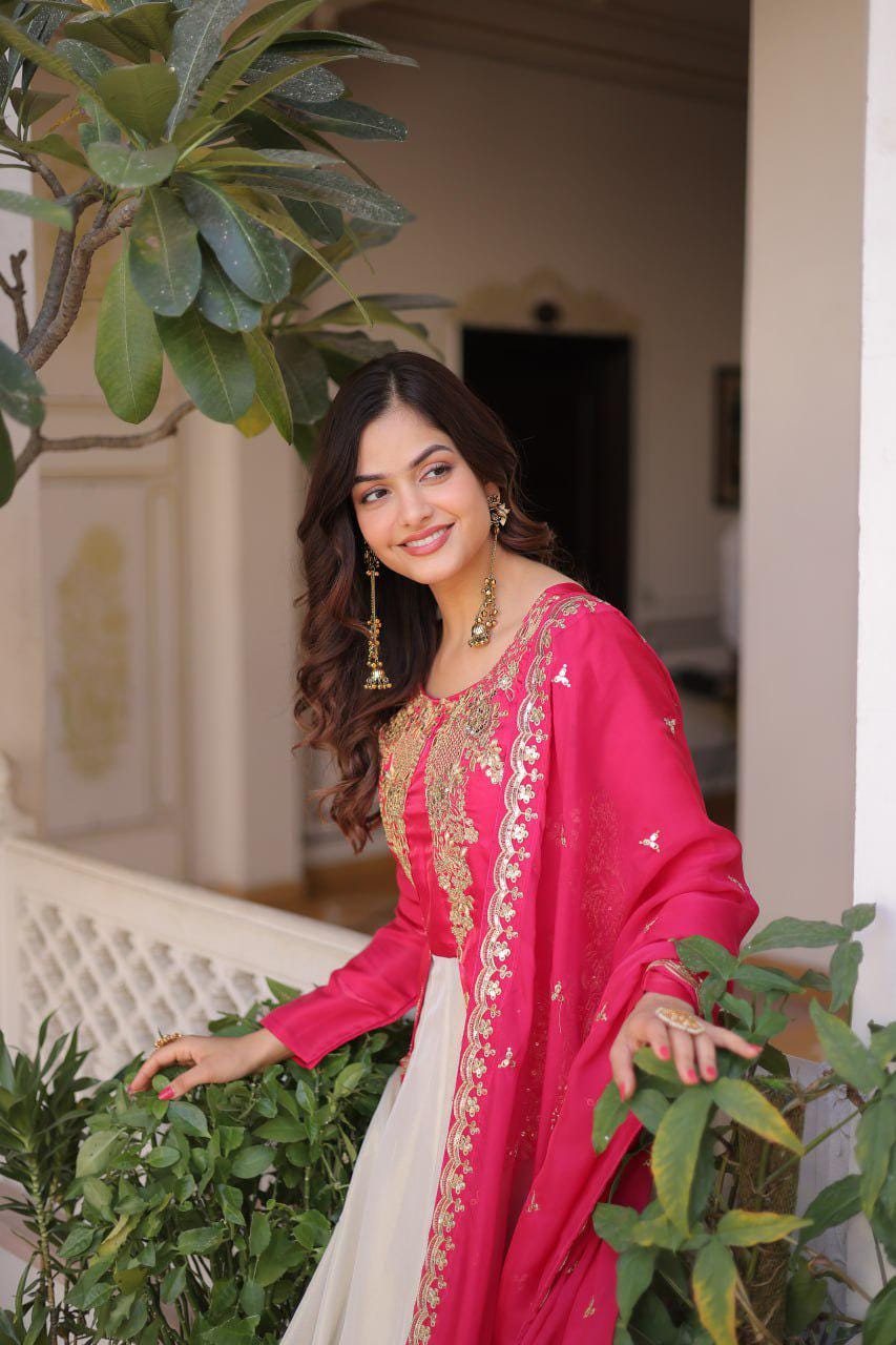 Glass Roman Anarkali Gown Set, Sequins Embroidery, Tabby Silk Dupatta, Festive Wear